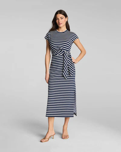 SPANX AIR ESSENTIALS TIE WAIST MAXI DRESS - YACHT STRIPE NAVY