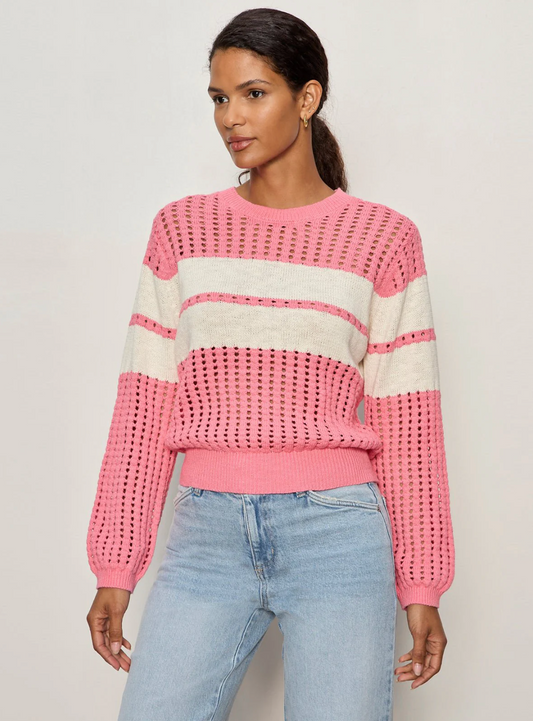 SANCTUARY SPORTY OPENWORK POPOVER - BLOOM PINK W/ STRIPE